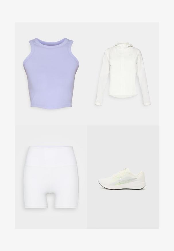 Bijela Nike jakna s kapuljačom, punim zatvaračem, elastičnim manžetama i suptilnim logotipom na prsima. Glatka textura i lagan dizajn.; Svijetlopurpurasti bezrukavni crop top od rastezljivog materijala. Ima zaobljeni izrez i glatke, bešavne rubove.; Bijele kratke hlače visokog struka napravljene od rastezljivog materijala. Karakteriziraju ih glatka tekstura i prilagođeni dizajn, bez dodatnih uzoraka ili hardvera.; Nike Performance DOWNSHIFTER 13 - Tenisice za cestovno trčanje - sail/silver-coloured photon dust/summit white/barely volt/black