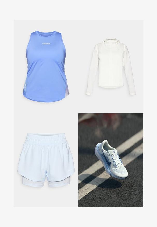 Jachetă albă Nike cu glugă, fermoar pe toată lungimea, manșete elastice și un logo subtil pe piept. Textură netedă și design ușor.; Tricou de alergare Nike dintr-o țesătură de culoare albastru deschis. Dispune de un guler rotund, design fără mâneci și accente subtile de degradé de-a lungul tivului.; Pantaloni scurți atletici de culoare albastră deschisă cu talie elastică; stratul exterior are un croi scurt, iar stratul interior este ajustat și realizat dintr-un material respirabil.; Adidași albi cu parte superioară din plasă respirabilă și accente albastre. Dispune de o talpă amortizată și sireturi plate. Talpa intermediară prezintă branding-ul "Air Zoom".