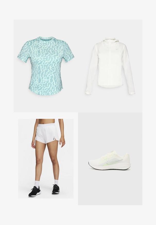 Hvit Nike-jakke med hette, hel glidelås, elastiske mansjetter og en diskret logo på brystet. Glatt tekstur og lett design.; Lyseblå kortermet t-skjorte med et mønster i varierende nyanser. Rund hals, myk tekstur og avslappet passform.; Hvite atletisk shorts med ribbet linning, sidespalter og en svart Nike-logo. Brukes med svarte joggesko og hvite ankelsokker.; Nike Performance DOWNSHIFTER 13 - Løpesko for vei - sail/silver-coloured photon dust/summit white/barely volt/black