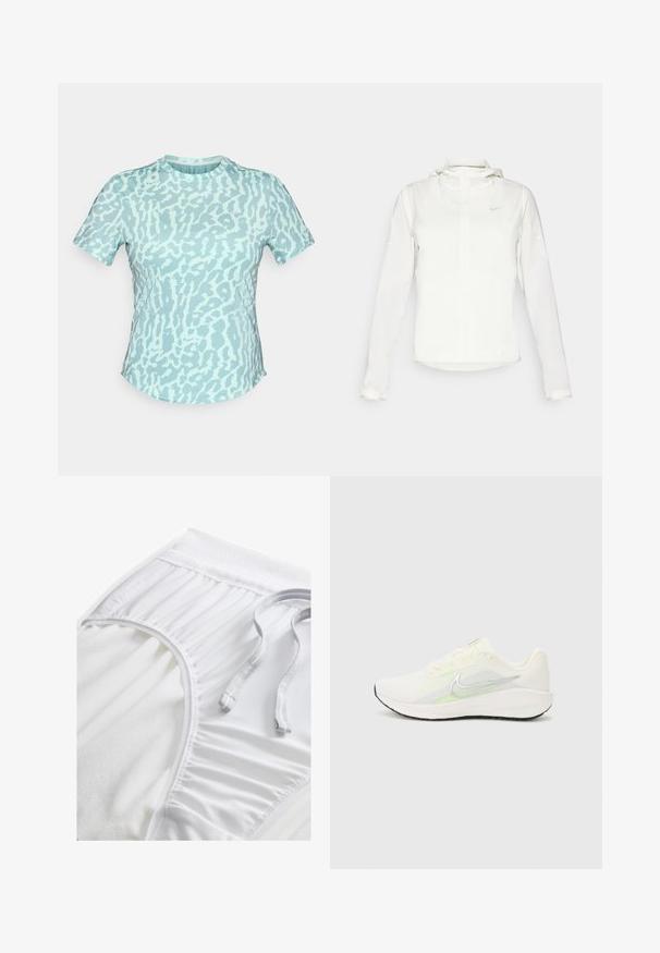 Bela Nike jakna s kapuco, polno zadrgo, elastičnimi manšetami in diskretnim logotipom na prsih. Gladka tekstura in lahko oblikovanje.; Svetlo modra kratka majica s kratkimi rokavi z vzorcem v različnih odtenkih. Okrogla izrezana ovratnika, mehak material in sproščen kroj.; Bele atletske kratke hlače z teksturiranim pasom, nabranimi stranskimi detajli in ravnim vrvico. Mehka tkanina z gladko površino.; Nike Performance DOWNSHIFTER 13 - Tekaški copati za cesto - sail/silver-coloured photon dust/summit white/barely volt/black