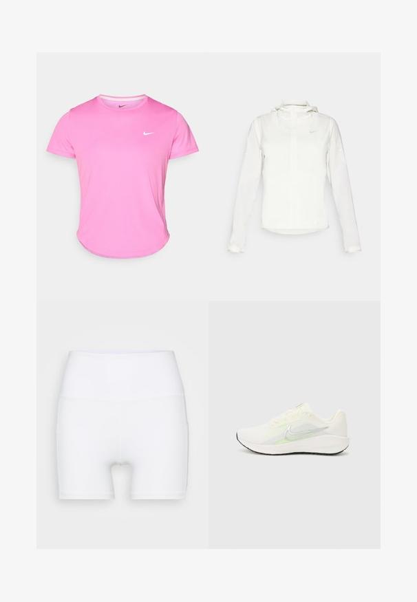 Chaqueta blanca de Nike con capucha, cremallera completa, puños elásticos y un logo sutil en el pecho. Textura suave y diseño ligero.; Camiseta Nike rosa con cuello redondo, mangas cortas y un logo blanco en el lado izquierdo del pecho, hecha de una tela suave y liviana.; Shorts blancos de talle alto confeccionados en tejido elástico. Presentan una textura suave y un diseño ajustado, sin patrones ni herrajes adicionales.; Nike Performance DOWNSHIFTER 13 - Zapatillas running asfalto - sail/silver-coloured photon dust/summit white/barely volt/black