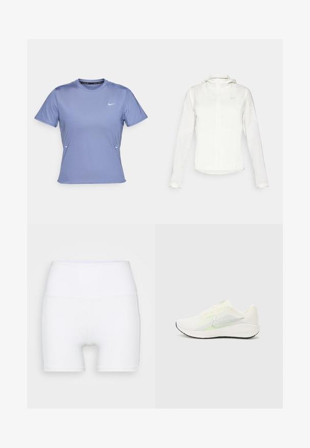 Chaqueta blanca de Nike con capucha, cremallera completa, puños elásticos y un logo sutil en el pecho. Textura suave y diseño ligero.; Camiseta deportiva de manga corta en tejido lila claro, con un cuello redondo y un pequeño logotipo blanco de Nike en el lado izquierdo del pecho.; Shorts blancos de talle alto confeccionados en tejido elástico. Presentan una textura suave y un diseño ajustado, sin patrones ni herrajes adicionales.; Nike Performance DOWNSHIFTER 13 - Zapatillas running asfalto - sail/silver-coloured photon dust/summit white/barely volt/black