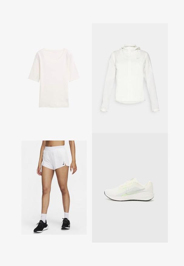 Vit Nike-jacka med huva, hel dragkedja, elastiska ärmslutar och en diskret logotyp på bröstet. Slät textur och lätt design.; Vit t-shirt med kort ärm och rund halsringning, tillverkad av mjukt tyg. Slät textur, enkel design och inga synliga mönster eller detaljer.; Vita sportshorts med ribbad midjeresår, sidospjäll och en svart Nike-logotyp. Bärs med svarta sneakers och vita strumpor i crew-längd.; Nike Performance DOWNSHIFTER 13 - Väglöparskor - sail/silver-coloured photon dust/summit white/barely volt/black