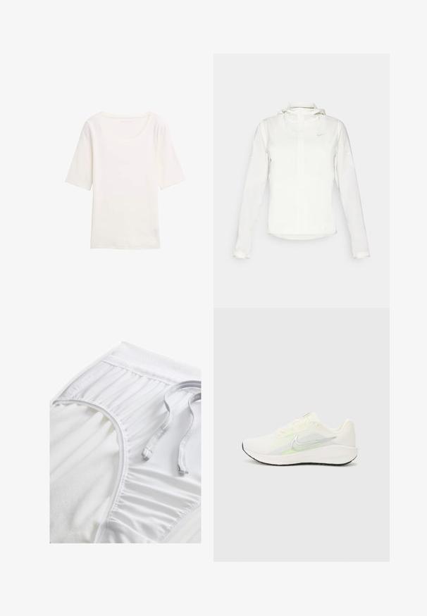 Jachetă albă Nike cu glugă, fermoar pe toată lungimea, manșete elastice și un logo subtil pe piept. Textură netedă și design ușor.; Tricou alb cu mânecă scurtă și guler rotund, realizat dintr-un material moale. Textură netedă, design simplu și fără modele sau accente vizibile.; Shorts albi de sport cu un tiv texturat, detalii laterale pliate și un șnur plat. Material moale cu un finisaj neted.; Nike Performance DOWNSHIFTER 13 - Pantofi de alergare pe asfalt - sail/silver-coloured photon dust/summit white/barely volt/black
