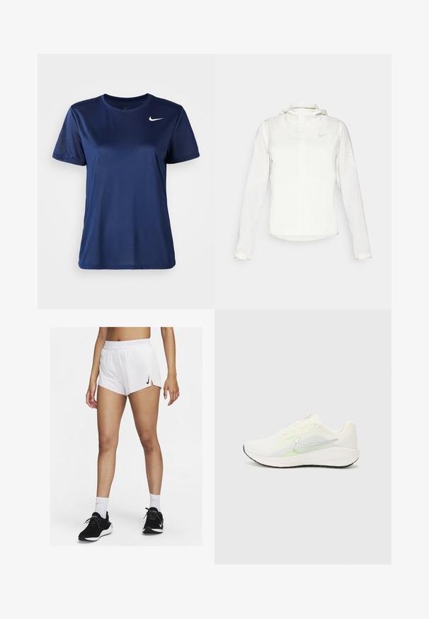 Casaco branco da Nike com capuz, fecho completo, punhos elásticos e um logótipo subtil no peito. Textura suave e design leve.; T-shirt de manga curta azul marinho feito de um tecido sintético suave; apresenta um logo branco da Nike no peito e um design de ajuste regular.; Calções atléticos brancos com cós canelado, fendas laterais e um logótipo preto da Nike. Usados com ténis pretos e meias brancas até ao meio da canela.; Nike Performance DOWNSHIFTER 13 - Sapatos para corrida em estrada - sail/silver-coloured photon dust/summit white/barely volt/black