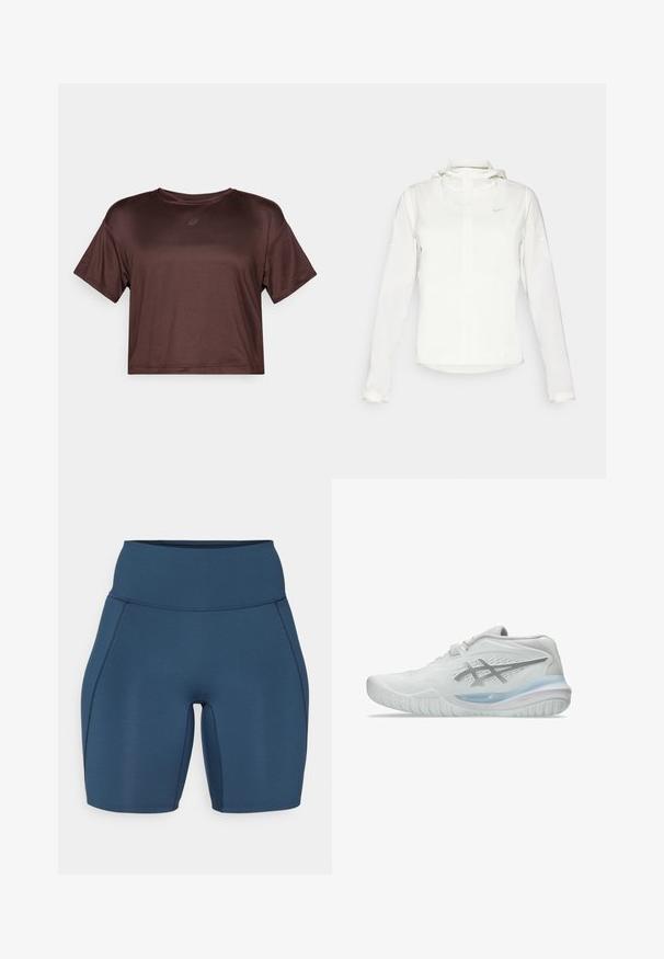 Biała kurtka Nike z kapturem, na zamek błyskawiczny, elastyczne mankiety i subtelne logo na piersi. Gładka tekstura i lekka konstrukcja.; Krótki rękaw, skrócona, brązowa bluzka sportowa z gładkiego, lekkiego materiału o subtelnym połysku, z małym logo na klatce piersiowej.; Ciemnoniebieskie spodenki do ćwiczeń z wysokim stanem, gładką teksturą i płaskimi szwami. Charakteryzują się dopasowanym krojem, który sięga do połowy uda.; Białe buty sportowe z teksturowaną cholewką, z przezroczystą niebieską podeszwą i subtelnym szarym brandingiem po boku. Okrągły nos i niska sylwetka.