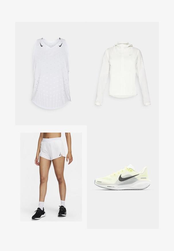 Giacca Nike bianca con cappuccio, zip completa, polsini elasticizzati e un logo discreto sul petto. Texture liscia e design leggero.; Canotta Nike bianca senza maniche con fori di ventilazione perforati e loghi swoosh neri vicino alle spalle.; Pantaloncini sportivi bianchi con vita a coste, spacchi laterali e logo Nike nero. Indossati con scarpe da ginnastica nere e calzini bianchi alti.; Scarpe da corsa Nike con una tomaia in rete giallo chiaro e bianco, dettagli grigi e una suola in gomma flessibile. Presentano una chiusura con lacci.
