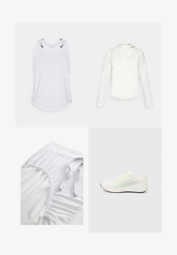 Bela Nike jakna s kapuco, polno zadrgo, elastičnimi manšetami in diskretnim logotipom na prsih. Gladka tekstura in lahko oblikovanje.; Bela brezrokavna športna majica Nike z perforiranimi zračnimi luknjami in črnimi logotipi swoosh blizu ramen.; Bele atletske kratke hlače z teksturiranim pasom, nabranimi stranskimi detajli in ravnim vrvico. Mehka tkanina z gladko površino.; Nike Performance DOWNSHIFTER 13 - Tekaški copati za cesto - sail/silver-coloured photon dust/summit white/barely volt/black