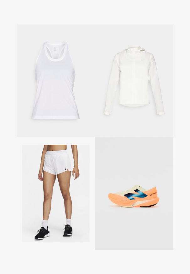 White Nike jacket with a hood, full zip, elastic cuffs, and a subtle logo on the chest. Smooth texture and lightweight design.; White athletic tank top made of breathable fabric, featuring a rounded neckline and racerback design with textured stitching at the hem.; White athletic shorts with a ribbed waistband, side slits, and a black Nike logo. Worn with black sneakers and white crew socks.; Running shoe with a lightweight cream upper, blue branding, and orange accents on the sole. Mesh texture for breathability.