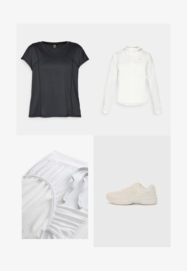 Bela Nike jakna s kapuco, polno zadrgo, elastičnimi manšetami in diskretnim logotipom na prsih. Gladka tekstura in lahko oblikovanje.; Črna kratka športna majica s kratkimi rokavi iz mrežaste tkanine, ki ima teksturo v obliki satovja, ukrivljene šive in okroglo ovratnico.; Bele atletske kratke hlače z teksturiranim pasom, nabranimi stranskimi detajli in ravnim vrvico. Mehka tkanina z gladko površino.; Svetlo bež športni čevelj z teksturiranim zgornjim delom, kontrastnimi belimi detajli, okroglo nosom in fleksibilnim gumijastim podplatom.