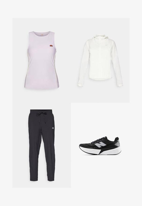 Biała kurtka Nike z kapturem, na zamek błyskawiczny, elastyczne mankiety i subtelne logo na piersi. Gładka tekstura i lekka konstrukcja.; Fioletowy bezrękawnik sportowy z okrągłym dekoltem, ozdobiony kontrastującymi żółtymi szwami oraz małym logo na piersi.; Czarne spodnie dresowe wykonane z lekkiego materiału, z elastycznym paskiem w talii i regulowanym sznurkiem. Posiadają małe logo z boku.; Czarno-biała biegowa sneaker New Balance z grubą podeszwą, siateczkowym wierzchem i logo "N" z boku, widok od strony zewnętrznej.