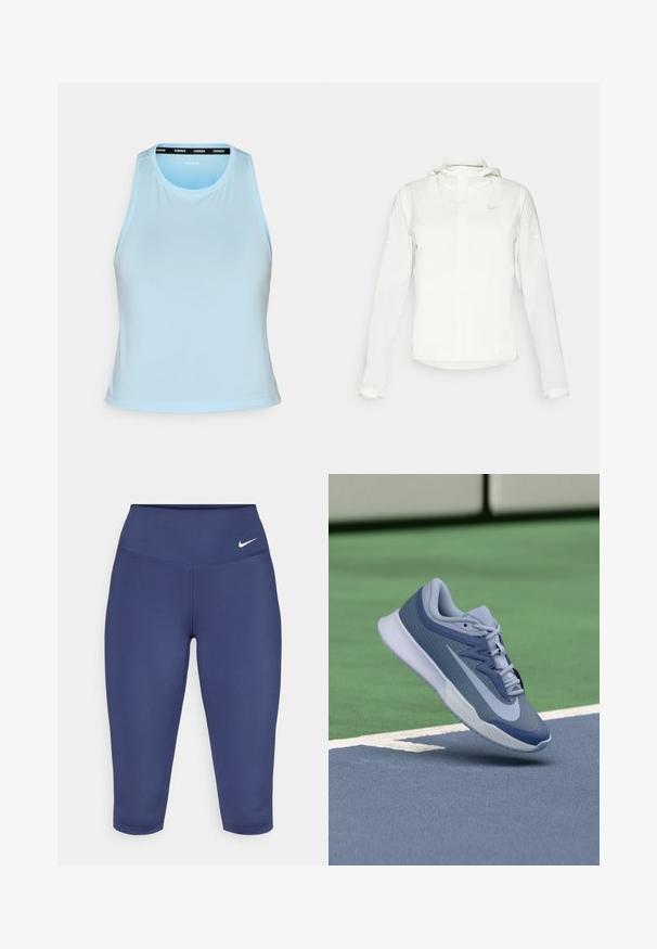 Hvit Nike-jakke med hette, hel glidelås, elastiske mansjetter og en diskret logo på brystet. Glatt tekstur og lett design.; Lys blå treningstank topp med rund hals, ermeløs design og et svart merkevarebånd langs kragen. Glatt tekstur.; Marineblå capri leggings laget av elastisk stoff, med bredt liv og en liten hvit logo på venstre side. Ingen synlige sømmer.; Sportssko i lyseblå og marineblå, med en teksturert overdel, flate lisser og en lett hvit såle. Hevet over en baneflate.