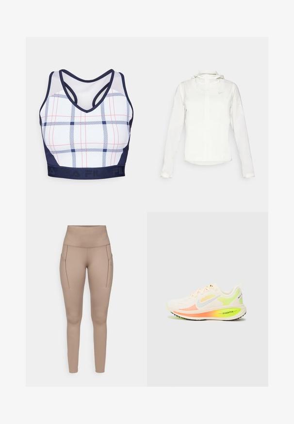 Valge Nike jakker, millel on kapuuts, täispikk tõmblukk, elastsed mansetid ja diskreetne logo rinnal. Sile tekstuur ja kerge disain.; Ruudestatud spordibrasi valge alusega, sinise ja punase ruuduga mustril, tumesinise äärisega ning racerback disainiga. Omab elastset paela logoga.; Beige sportlikud legginsid kõrge vöökohaga, millel on kaks külgtaskut ja sile, veniv kangas. Diskreetne hall logo detail.; Nike jooksujalatsid valge võrkmaterjalist pealmise osaga, roosa ja roheline aktsent. Omab pehmet tallatootet, millel on kollane "ZOOMX" bränding. Kerge disain.