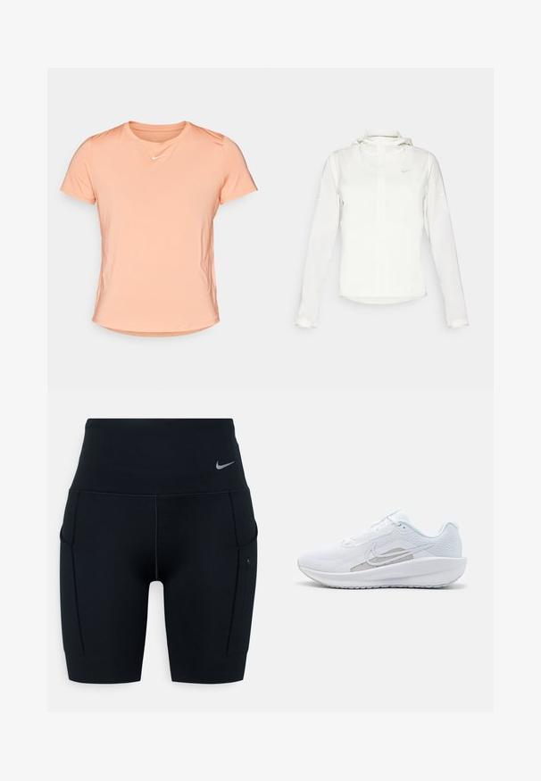 Valge Nike jakker, millel on kapuuts, täispikk tõmblukk, elastsed mansetid ja diskreetne logo rinnal. Sile tekstuur ja kerge disain.; Lühikeste varrukatega Nike t-särk heledas virsikus, pehmest ja hingavast kangast, ümmarguse kaelusega ja väikese valge logoga rinnal.; Mustad kõrge vöökohaga sportlikud lühikesed püksid, valmistatud venivast materjalist; külgedel on taskud ja vööl väike Nike logo.; Valge sportlik king, millel on võrgusilmast ülemine osa, ümar varvas ja tekstureeritud tallad. Omab hõbedast Nike logo ja minimalistikku disaini.