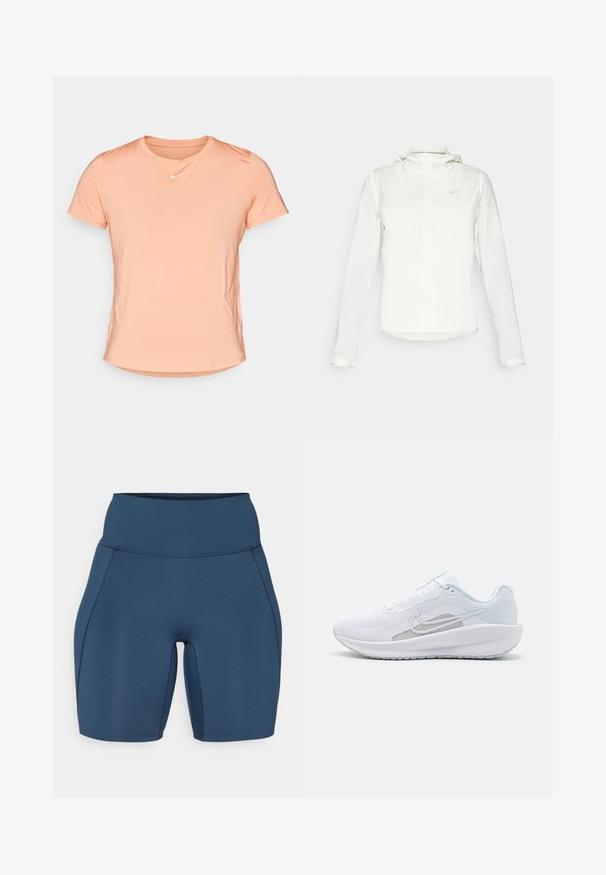 Chaqueta blanca de Nike con capucha, cremallera completa, puños elásticos y un logo sutil en el pecho. Textura suave y diseño ligero.; Camiseta de Nike de manga corta en melocotón claro, hecha de una tela suave y transpirable, con cuello redondo y un pequeño logo blanco en el pecho.; Pantalones cortos de entrenamiento de color azul oscuro con una cinturilla alta, textura suave y costuras planas. Presenta un diseño ajustado que se extiende hasta la mitad del muslo.; Zapatilla deportiva blanca con parte superior de malla, punta redondeada y suela texturizada. Presenta un swoosh de Nike plateado y un diseño minimalista.