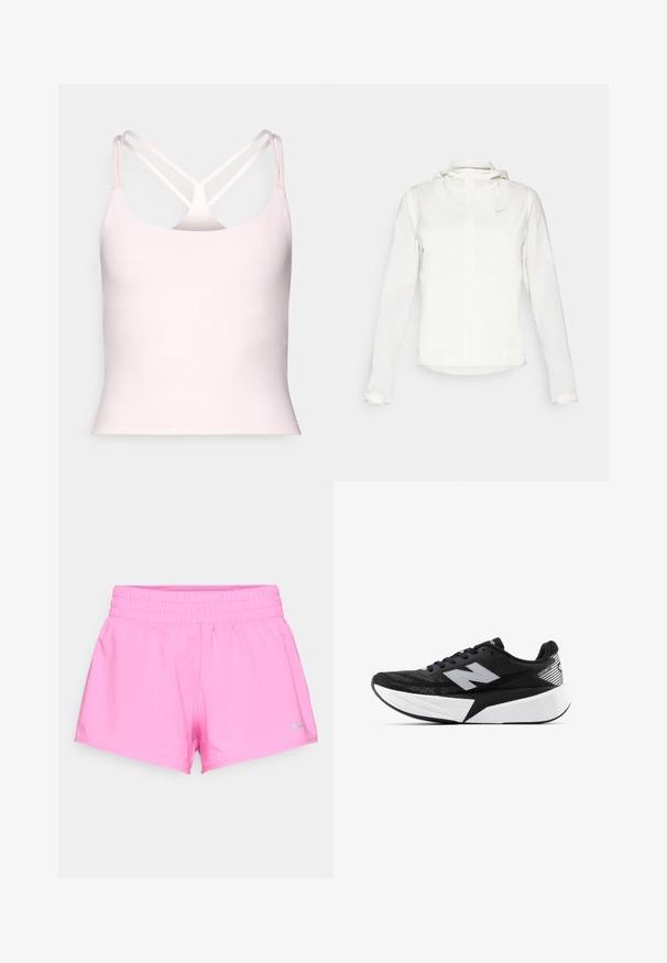 Veste blanche Nike avec capuche, fermeture éclair intégrale, poignets élastiques et un logo discret sur la poitrine. Texture lisse et design léger.; Fabletics PRINCIPAL BUILT IN BRA TANK - Débardeur - sugar pink; Shorts de sport rose vif avec taille élastique et petit logo gris Nike en bas à gauche, sur fond blanc.; Chaussure de course New Balance noir et blanc avec semelle épaisse, tige en mesh et logo "N" sur le côté, vue de l'extérieur.