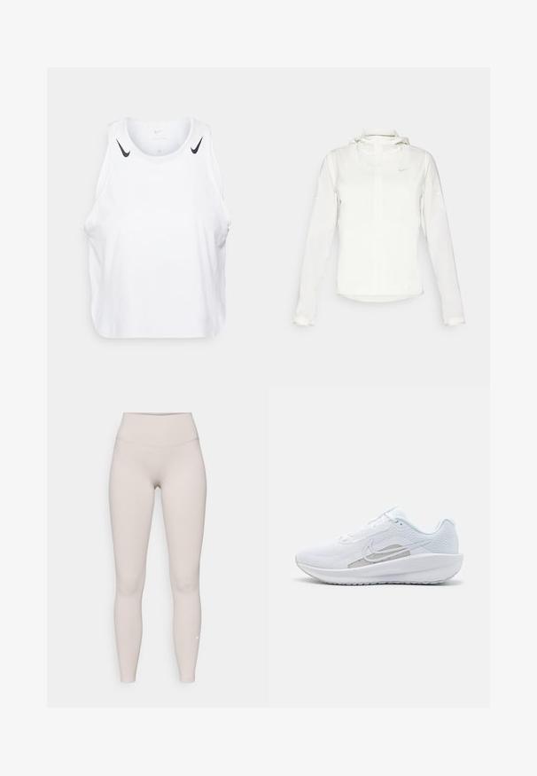 White Nike jacket with a hood, full zip, elastic cuffs, and a subtle logo on the chest. Smooth texture and lightweight design.; White sleeveless tank top made of lightweight fabric, featuring black Nike logo accents on shoulders, round neckline, and relaxed fit.; Beige high-waisted leggings made from soft, stretchy fabric, featuring a smooth texture and a small white logo near the ankle.; White athletic shoe with mesh upper, rounded toe, and textured sole. Features a silver Nike swoosh and minimalistic design.