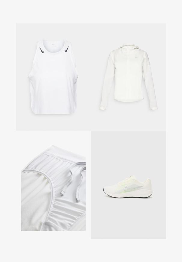 Bela Nike jakna s kapuco, polno zadrgo, elastičnimi manšetami in diskretnim logotipom na prsih. Gladka tekstura in lahko oblikovanje.; Bela brezrokavnik iz lahkega materiala, s črnimi Nike logotipnimi poudarki na ramenih, okroglo ovratnico in sproščenim krojem.; Bele atletske kratke hlače z teksturiranim pasom, nabranimi stranskimi detajli in ravnim vrvico. Mehka tkanina z gladko površino.; Nike Performance DOWNSHIFTER 13 - Tekaški copati za cesto - sail/silver-coloured photon dust/summit white/barely volt/black
