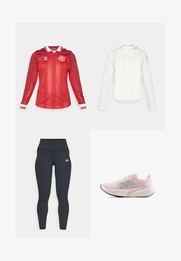 Biała kurtka Nike z kapturem, na zamek błyskawiczny, elastyczne mankiety i subtelne logo na piersi. Gładka tekstura i lekka konstrukcja.; Czerwona koszula piłkarska z długim rękawem, z pionowymi paskami, białym kołnierzykiem i mankietami w paski czerwono-białe. Na piersi znajduje się logo drużyny.; Czarne legginsy sportowe z wysokim stanem, o gładkiej fakturze i małym białym logo New Balance na udzie.; Jasnoróżowe buty do biegania z teksturowaną siateczką z góry, szarymi akcentami, grubą białą podeszwą pośrednią oraz elastyczną czarną podeszwą zewnętrzną. Posiadają wyściełany kołnierz i język.