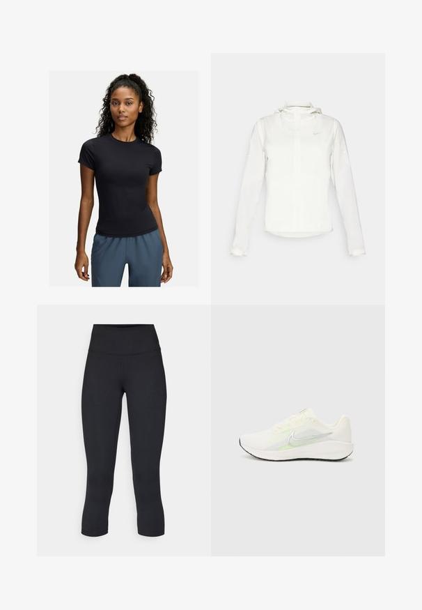 Valkoinen Nike-takki hupulla, täyspitkällä vetoketjulla, joustavilla hihansuilla ja hillityllä logolla rinnassa. Sujuva pinta ja kevyt muotoilu.; Musta lyhythihainen urheilupaita, joka on valmistettu joustavasta kankaasta, pyöreä kaula-aukko ja vartalonmyötäinen muotoilu, yhdistetty harmaisiin urheiluhousuihin.; Musta lyhyet legginsit joustavasta kankaasta, joissa on korkea vyötärö ja sileä pinta, ilman näkyviä kuvioita tai metalliosia.; Nike Performance DOWNSHIFTER 13 - Katujuoksukengät - sail/silver-coloured photon dust/summit white/barely volt/black