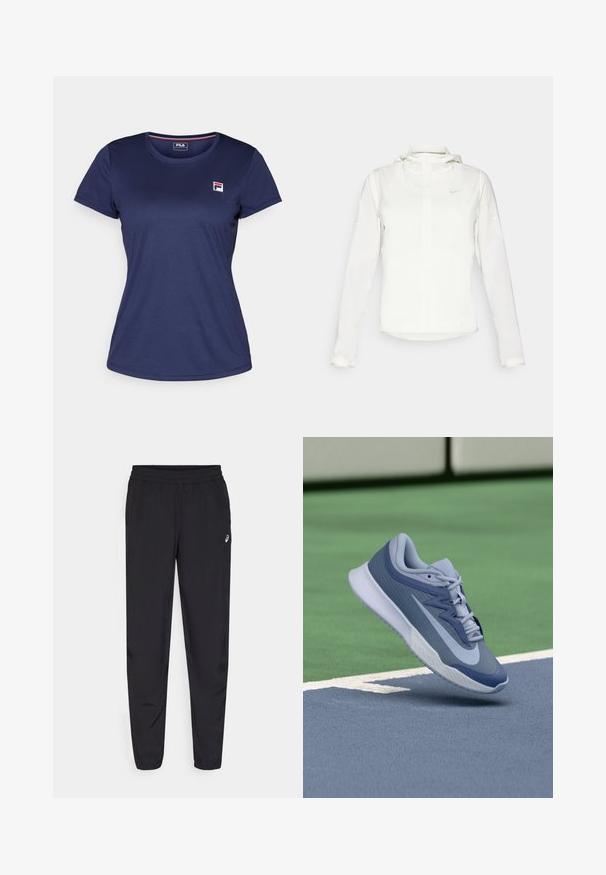 Bílá bunda Nike s kapucí, plným zipem, elastickými manžetami a decentním logem na hrudi. Hladká textura a lehký design.; Námořnická modrá trička s krátkým rukávem vyrobená z hladké tkaniny, s malým logem Fila na levé hrudi. Klasický kulatý výstřih a klasický střih.; Černé sportovní kalhoty s elastickým pasem, tapered nohavicemi se manžetami, vyrobené z lehkého hladkého materiálu a s malým logem na stehně.; Sportovní tenisky v světle modré a námořnické barvě, s texturovaným svrškem, plochými tkaničkami a lehkou bílou podrážkou. Zvýšené nad povrchem kurtu.