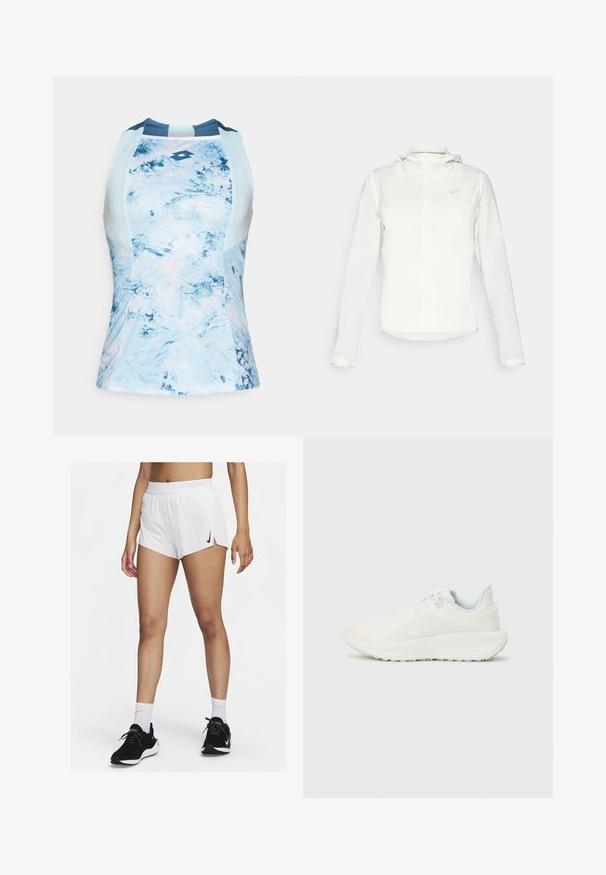 Biela Nike bunda s kapucňou, plným zipsom, elastickými manžetami a jemným logom na hrudi. Hladká textúra a ľahký dizajn.; Bezrukávové športové tričko svetlomodrej farby s textúrovaným, abstraktným vzorom. Má okrúhly výstrih a logo v strede.; Biele športové šortky s rebrovaným pásom, bočnými rozparkami a čiernym logom Nike. Nosené s čiernymi teniskami a bielymi podkolienkami.; Biele športové topánky s textúrovaným zvrškom, vypolstrovaným golierom a šnurovaním. Majú zakrivenú podrážku a decentné logo na boku.
