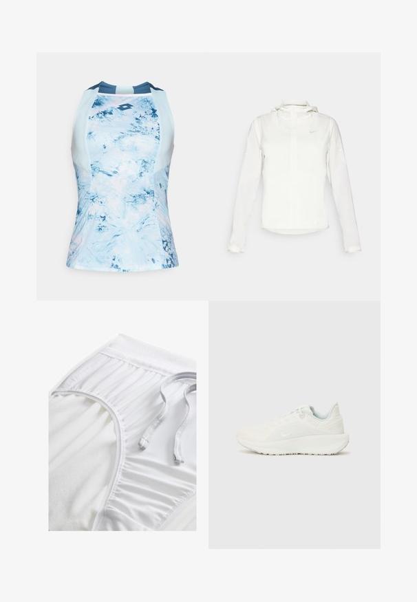 Casaco branco da Nike com capuz, fecho completo, punhos elásticos e um logótipo subtil no peito. Textura suave e design leve.; Top atlético sem mangas em azul claro, com um padrão abstrato e texturizado. Apresenta um decote redondo e um logótipo ao centro.; Calções atléticos brancos com um cós texturizado, detalhes laterais franzidos e um cordão liso. Tecido suave com acabamento suave.; Tênis atléticos brancos com um cabedal texturizado, colarinho almofadado e fecho de atacadores. Apresenta uma sola curva e uma marcação discreta na lateral.