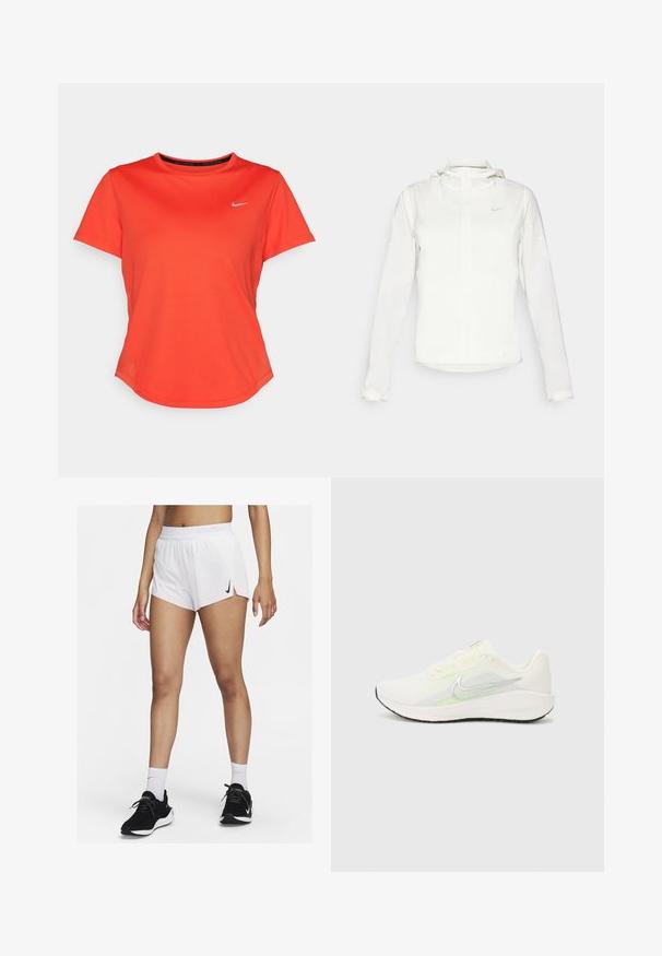 Chaqueta blanca de Nike con capucha, cremallera completa, puños elásticos y un logo sutil en el pecho. Textura suave y diseño ligero.; Camiseta atlética de manga corta en tejido naranja brillante con cuello redondo, que presenta un pequeño logo plateado en el pecho y bordes sin costuras.; Pantalones cortos deportivos blancos con cinturilla acanalada, aberturas laterales y un logo negro de Nike. Se llevan con zapatillas negras y calcetines blancos hasta la mitad de la pantorrilla.; Nike Performance DOWNSHIFTER 13 - Zapatillas running asfalto - sail/silver-coloured photon dust/summit white/barely volt/black