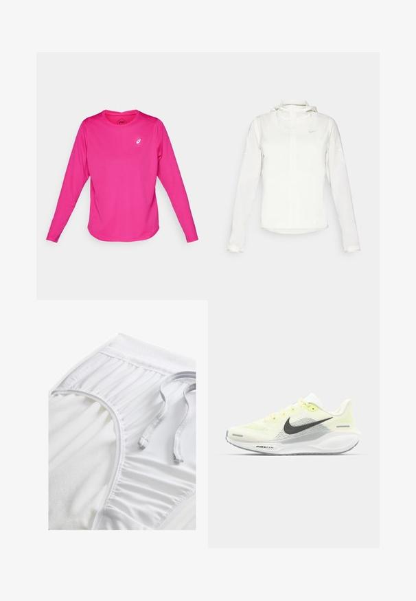 Hvid Nike-jakke med hætte, fuld lynlås, elastiske manchetter og et diskret logo på brystet. Glat tekstur og let design.; Langærmet sportstrøje i klar pink, lavet af strækbart stof. Har en rund halsudskæring og et lille hvidt logo på brystet.; Hvide atletiske shorts med en tekstureret talje, sammensnørede sideløsninger og en flad snoretræk. Blødt stof med en glat overflade.; Nike løbesko med en lys gul og hvid mesh-overdel, grå detaljer og en fleksibel gummisål. Har snørebånds Lukning.