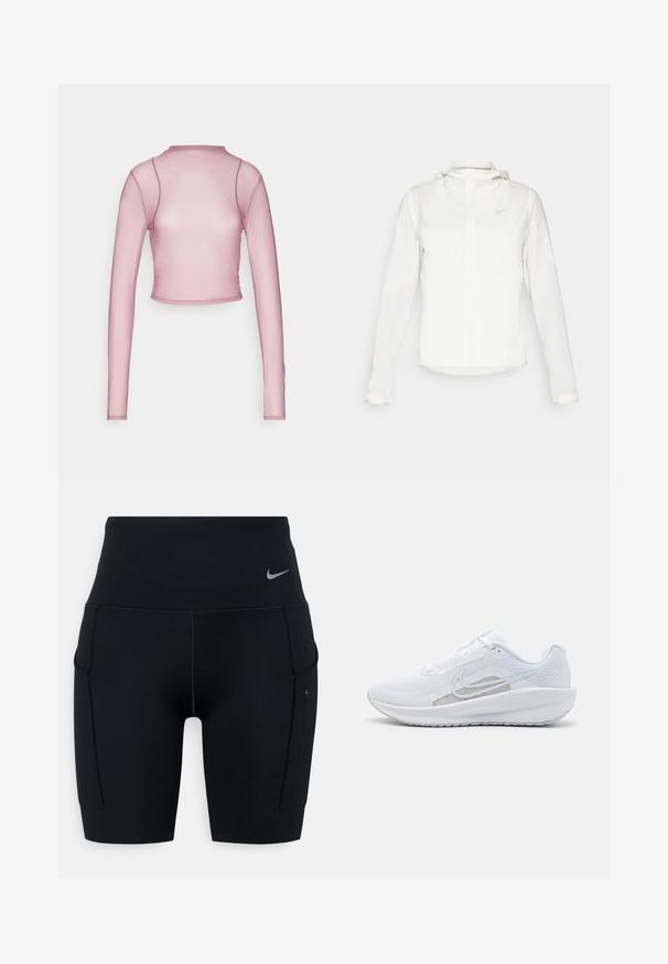 Veste blanche Nike avec capuche, fermeture éclair intégrale, poignets élastiques et un logo discret sur la poitrine. Texture lisse et design léger.; Top court à manches longues en tissu rose clair transparent avec un col haut et des coutures subtiles sur les bras et le corps. Texture lisse.; Shorts de sport noirs taille haute en matériau extensible ; dotés de poches latérales et d'un petit logo Nike sur la ceinture.; Baskets blanches avec une tige en mesh, bout rond et semelle texturée. Présentent un swoosh Nike argenté et un design minimaliste.