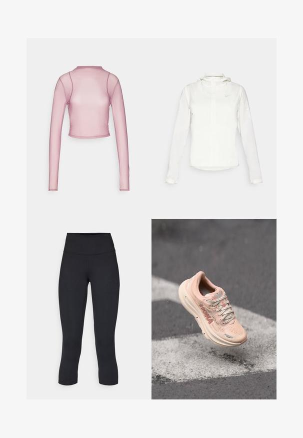 White Nike jacket with a hood, full zip, elastic cuffs, and a subtle logo on the chest. Smooth texture and lightweight design.; Long-sleeve cropped top made of sheer light pink fabric with a high neckline and subtle seams on the arms and body. Smooth texture.; Black cropped leggings made of stretchy fabric, featuring a high waistband and smooth texture, with no visible patterns or hardware.; Light pink running shoe with a mesh upper, padded collar, and a thick, cream-colored sole. Branding is visible on the side.
