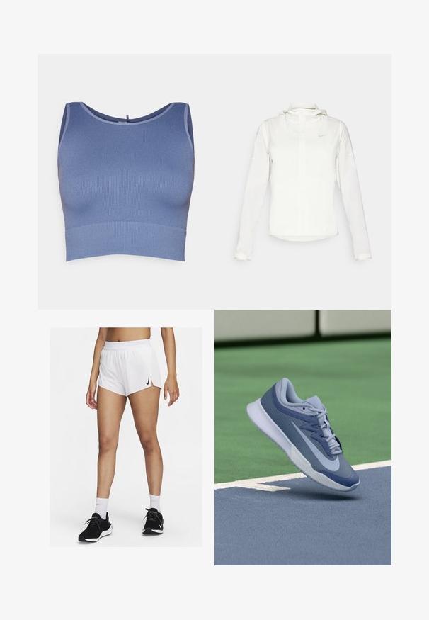 Casaco branco da Nike com capuz, fecho completo, punhos elásticos e um logótipo subtil no peito. Textura suave e design leve.; Top curto azul com nervuras, de decote redondo e design ajustado. O material apresenta uma textura suave, com costuras contrastantes ao longo das bordas.; Calções atléticos brancos com cós canelado, fendas laterais e um logótipo preto da Nike. Usados com ténis pretos e meias brancas até ao meio da canela.; Sapatilhas desportivas em azul claro e azul marinho, com um topo texturizado, atacadores planos e uma sola leve branca. Elevadas acima de uma superfície de campo.