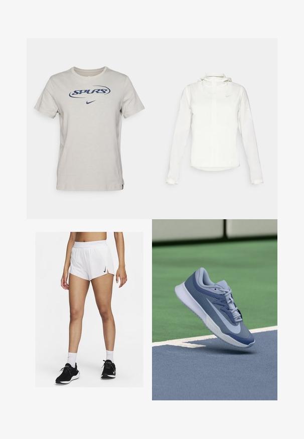 Casaco branco da Nike com capuz, fecho completo, punhos elásticos e um logótipo subtil no peito. Textura suave e design leve.; T-shirt de algodão cinza claro com o logótipo "SPURS" em azul marinho e uma pequena swoosh da Nike. Decote redondo padrão e mangas curtas.; Calções atléticos brancos com cós canelado, fendas laterais e um logótipo preto da Nike. Usados com ténis pretos e meias brancas até ao meio da canela.; Sapatilhas desportivas em azul claro e azul marinho, com um topo texturizado, atacadores planos e uma sola leve branca. Elevadas acima de uma superfície de campo.