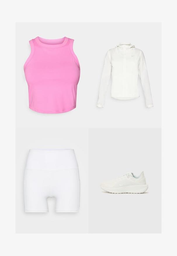 Valge Nike jakker, millel on kapuuts, täispikk tõmblukk, elastsed mansetid ja diskreetne logo rinnal. Sile tekstuur ja kerge disain.; Roosa lühike topp kõrge kaelusega ja ilma varrukateta disain. Valmistatud siledast, venivast kangast, ilma nähtavate mustrite või riistadega.; Valged kõrge vöökohaga lühikesed püksid, mis on valmistatud venivast kangast. Omab siledat tekstuuri ja mugavat lõiget, ilma lisamustrideta või -detailideta.; Valged sportlikud jalatsid tekstureeritud pealisega, pehmendatud krae ja seotud sulgemine. Omab kumerat välispinda ja diskreetset brändimist küljel.