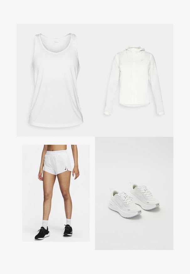 Witte Nike-jack met een capuchon, volledige rits, elastische manchetten en een subtiele logo op de borst. Gladde textuur en lichtgewicht ontwerp.; Witte mouwloze tanktop met V-hals, gemaakt van gladde stof met minimale stikseldetails, voorzien van een klein logo op de achterkant.; Witte sportshorts met een geribbelde tailleband, zijsplitten en een zwarte Nike-logo. Draag ze met zwarte sneakers en witte kousen tot aan de kuit.; Witte sportieve schoenen met een gestructureerde mesh bovenkant, een comfortabele zool en subtiele grijze accenten. Inclusief branding en een lus aan de hiel voor eenvoudig aan- en uittrekken.