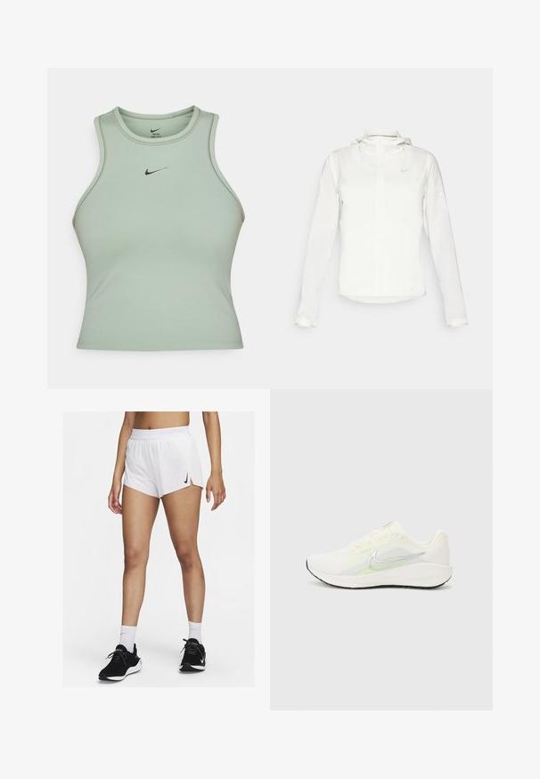 Giacca Nike bianca con cappuccio, zip completa, polsini elasticizzati e un logo discreto sul petto. Texture liscia e design leggero.; Canottiera atletica senza maniche di colore verde chiaro realizzata in tessuto liscio. Presenta un piccolo logo Nike nero sul davanti e dettagli di cucitura sottili.; Pantaloncini sportivi bianchi con vita a coste, spacchi laterali e logo Nike nero. Indossati con scarpe da ginnastica nere e calzini bianchi alti.; Nike Performance DOWNSHIFTER 13 - Scarpe da corsa su strada - sail/silver-coloured photon dust/summit white/barely volt/black