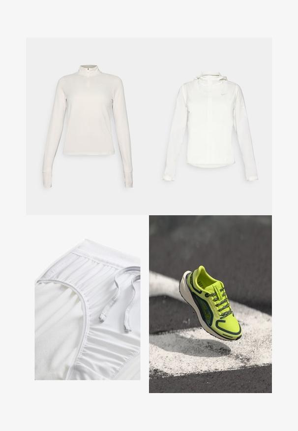 Bela Nike jakna s kapuco, polno zadrgo, elastičnimi manšetami in diskretnim logotipom na prsih. Gladka tekstura in lahko oblikovanje.; Majica z dolgimi rokavi in zadrgo na vratu v svetlo bež barvi. Gladka, teksturirana tkanina z oprijetim krojem. Vsebuje majhen logotip na levem prsnem delu.; Bele atletske kratke hlače z teksturiranim pasom, nabranimi stranskimi detajli in ravnim vrvico. Mehka tkanina z gladko površino.; Neon rumene tekaške čevlje z zračnim mrežastim zgornjim delom, kontrastnimi temnimi akcenti, teksturiranimi vezalkami in oblazinjeno belo srednjo podplato.