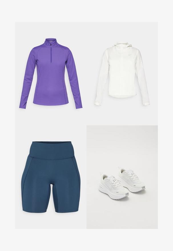 Fehér Nike dzseki kapucnival, teljes cipzárral, rugalmas mandzsettákkal és egy diszkrét logóval a mellkason. Sima textúrájú és könnyű kialakítású.; Lila hosszú ujjú póló, álló gallérral és fényen zippel. Sima, rugalmas anyagból készült, lapos varratokkal és logó részletezéssel a vállon.; Sötétkék edzőnadrág magas derékkal, sima textúrával és lapos varrásokkal. Testhez simuló fazon, amely a comb közepéig ér.; Fehér sportcipő, texturált hálós felsőrésszel, párnázott talppal és diszkrét szürke díszítésekkel. Tartalmazza a márkázást és a könnyű felhúzást segítő hurkot a sarokrészen.