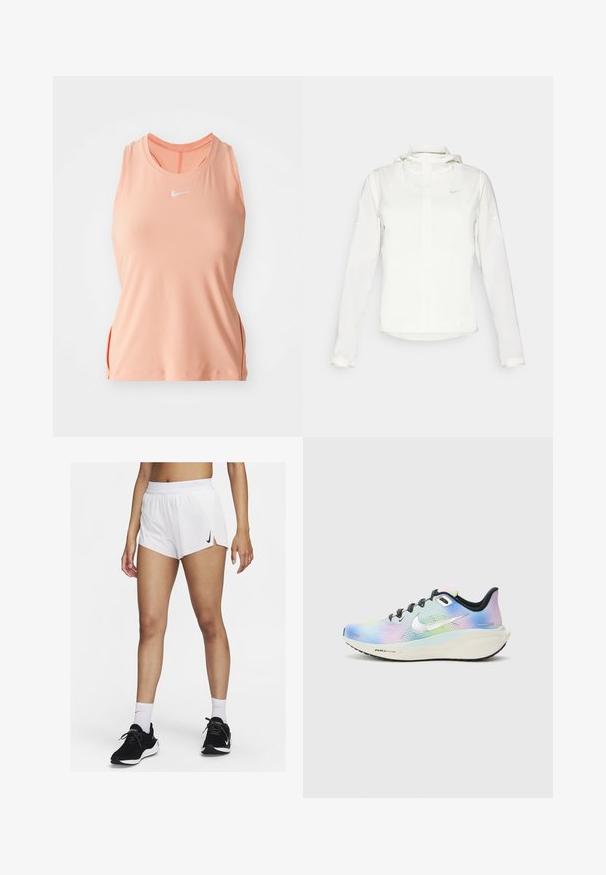 White Nike jacket with a hood, full zip, elastic cuffs, and a subtle logo on the chest. Smooth texture and lightweight design.; Pink sleeveless athletic top with a round neckline, side slits, and embroidered logo on the chest. Made from smooth, stretchy fabric.; White athletic shorts with a ribbed waistband, side slits, and a black Nike logo. Worn with black sneakers and white crew socks.; Nike running shoe with a gradient finish featuring light blue, pink, and green hues. Black laces and sole; silver logo accent.