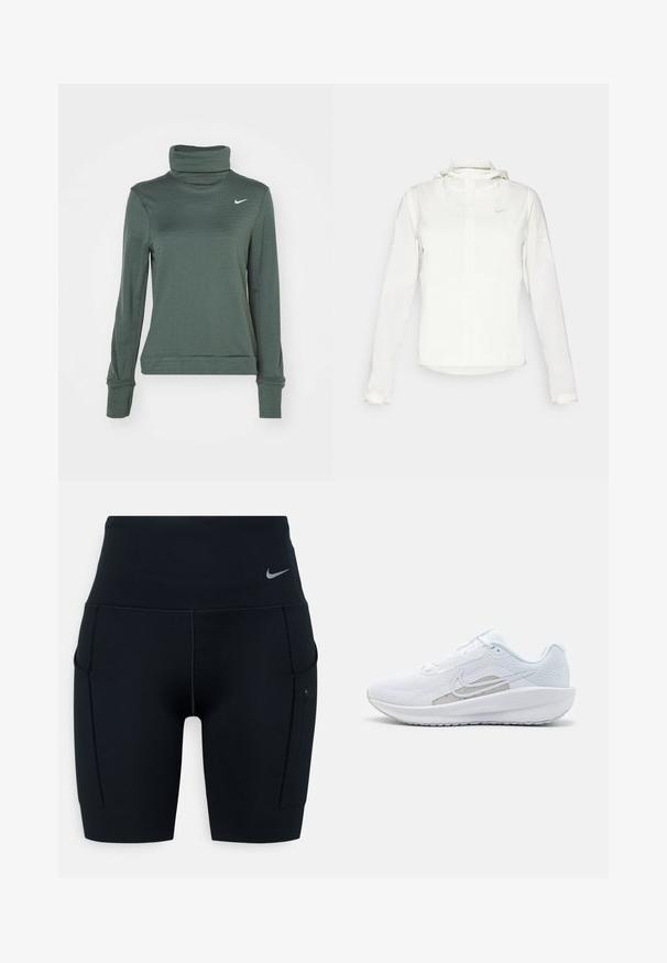 Biela Nike bunda s kapucňou, plným zipsom, elastickými manžetami a jemným logom na hrudi. Hladká textúra a ľahký dizajn.; Nike Performance THERMA-FIT SWIFT - Top s dlhým rukávom - vintage green/silver; Čierne športové šortky s vysokým pásom vyrobené z elastického materiálu; obsahujú bočné vrecká a malé logo Nike na páse.; Biele atletické topánky s priedušným zvrškom, okrúhlym prstom a štruktúrovanou podrážkou. Obsahuje strieborný Nike swoosh a minimalistický dizajn.