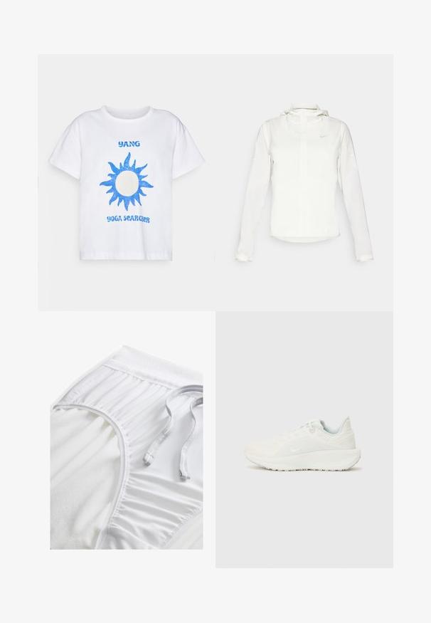 Valkoinen Nike-takki hupulla, täyspitkällä vetoketjulla, joustavilla hihansuilla ja hillityllä logolla rinnassa. Sujuva pinta ja kevyt muotoilu.; Valkoinen puuvillapaita, jossa on sininen kimaltava aurinkografiikka ja teksti "YANG YOGA SEARCHER" sinisellä fontilla. Lyhyet hihat ja rento istuvuus.; Valkoiset urheilushortsit, joissa on teksturoidut vyötärönauhat, poimutetut sivuyksityiskohdat ja tasainen nyöri. Pehmeä kangas, jossa on sileä pinta.; Valkoiset urheilusukat, joissa on teksturoidut päälliset, pehmustettu nilkkaosa ja nauhakiinnitys. Ominaisuuksiin kuuluu kaareva ulkopohja ja hillitty brändäys sivulla.