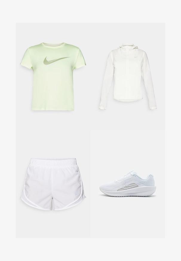 Jachetă albă Nike cu glugă, fermoar pe toată lungimea, manșete elastice și un logo subtil pe piept. Textură netedă și design ușor.; Tricou Nike verde lime cu mânecă scurtă, guler rotund și un logo swoosh reflectorizant pe față. Material neted, ușor.; Șorturi atletice albe, fabricate dintr-un material ușor și respirabil. Dispun de o talie elastică și panouri laterale din plasă, având un mic accent de logo albastru.; Pantof de atletism alb cu plasă superioară, vârf rotunjit și talpă texturată. Prezentă un logo Nike argintiu și un design minimalist.