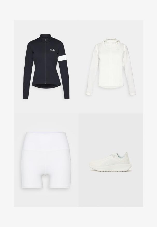 Veste blanche Nike avec capuche, fermeture éclair intégrale, poignets élastiques et un logo discret sur la poitrine. Texture lisse et design léger.; Rapha WOMENS CORE JACKET - Maillot de cycliste - black/white; Shorts blancs taille haute en tissu extensible. Fabriqués avec une texture lisse et un design ajusté, sans motifs ni accessoires supplémentaires.; Baskets de sport blanches avec un dessus texturé, un col rembourré et un système de laçage. Elles disposent d'une semelle incurvée et d'un logo discret sur le côté.