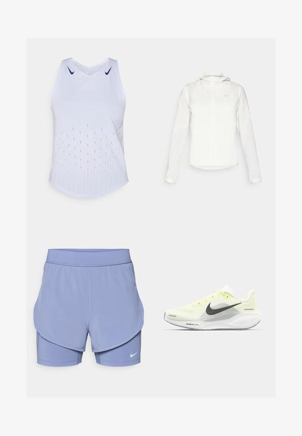 Witte Nike-jack met een capuchon, volledige rits, elastische manchetten en een subtiele logo op de borst. Gladde textuur en lichtgewicht ontwerp.; Witte sportieve tanktop met een V-hals, voorzien van blauwe Nike-logo's en een gevainete stippenpatroon aan de voorkant. Gebogen zoomontwerp.; Nike-shorts in lichtpaars, met een gelaagd ontwerp met een binnenste aangesloten voering en een buitenste losse pasvorm. Elastische tailleband voor comfort.; Nike hardloopschoenen met een lichtgele en witte mesh bovenkant, grijze accenten en een flexibele rubberen zool. Voorzien van een vetersluiting.