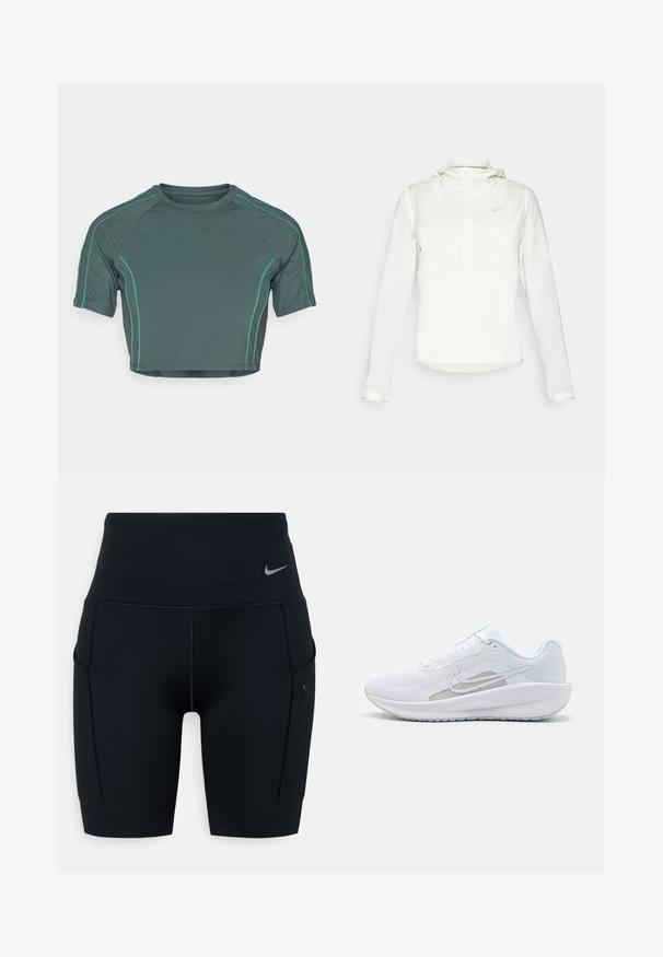 Hvit Nike-jakke med hette, hel glidelås, elastiske mansjetter og en diskret logo på brystet. Glatt tekstur og lett design.; Crop top laget av mørkegrønt stoff med korte ermer, kontrasterende lysgrønn søm, og rund hals med en tettsittende design.; Svart høyverdig trening shorts laget av elastisk materiale; har sidelommer og en liten Nike-logo på midjen.; Hvit sportssko med mesh-overdel, rund tå og teksturert såle. Har en sølvfarget Nike swoosh og et minimalistisk design.