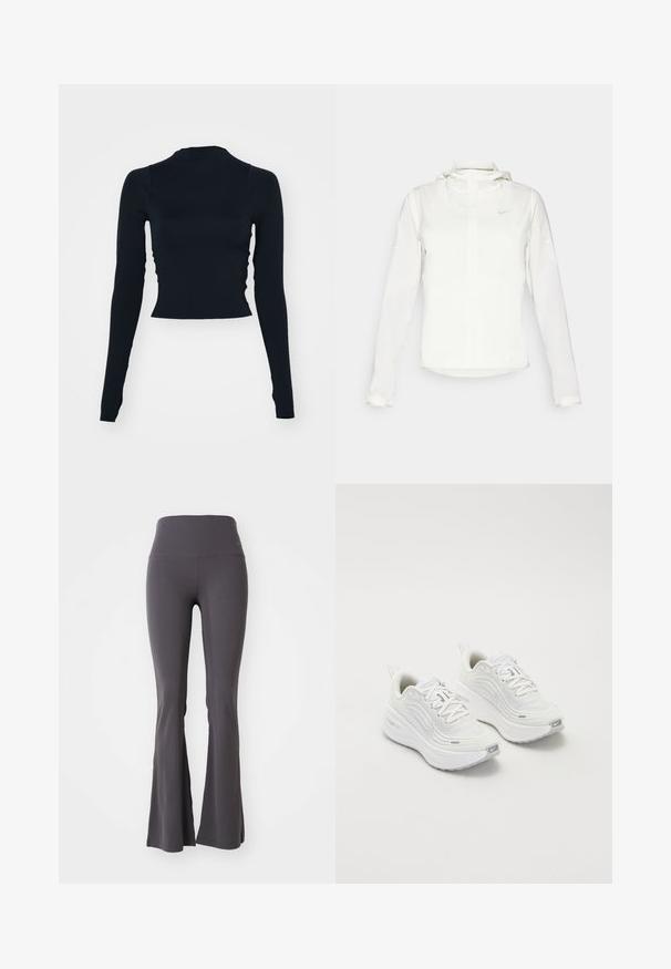 Casaco branco da Nike com capuz, fecho completo, punhos elásticos e um logótipo subtil no peito. Textura suave e design leve.; Top cropped preto de mangas longas com um decote alto. Feito de um material liso e ajustado, sem padrões ou detalhes visíveis.; Calças de yoga cinzas em forma de sino, feitas de um tecido elástico. Cintura alta e textura suave, apresentando um design ajustado até às bainhas largas.; Tênis atléticos brancos com um cabedal de malha texturizada, sola acolchoada e discretos detalhes em cinza. Inclui logótipo e aba de calcanhar em laço para facilitar o calçar.