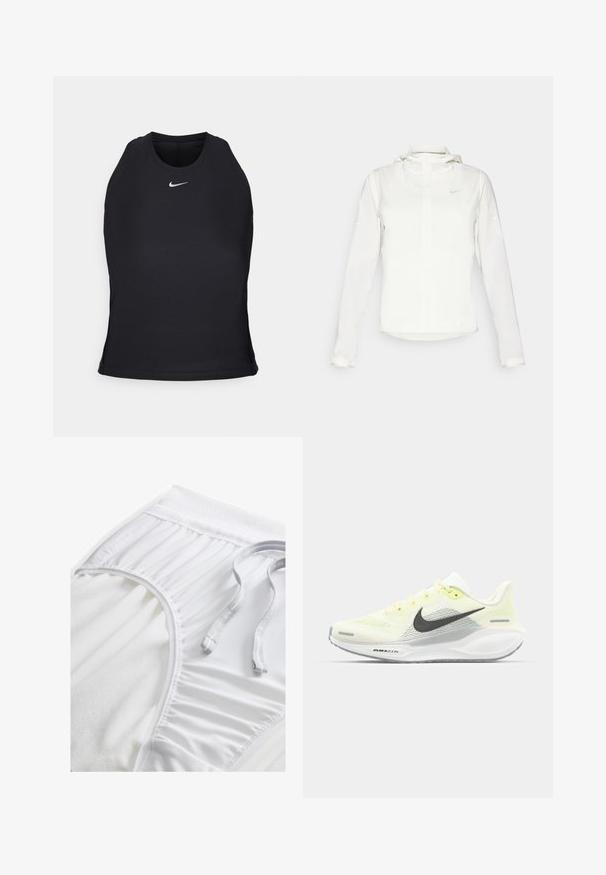 Giacca Nike bianca con cappuccio, zip completa, polsini elasticizzati e un logo discreto sul petto. Texture liscia e design leggero.; Canottiera sportiva nera realizzata in tessuto liscio e elasticizzato. Presenta un collo arrotondato e un piccolo logo bianco centrato sul petto.; Pantaloni sportivi bianchi con una vita testurizzata, dettagli arricciati sui lati e un cordino piatto. Tessuto morbido con finitura liscia.; Scarpe da corsa Nike con una tomaia in rete giallo chiaro e bianco, dettagli grigi e una suola in gomma flessibile. Presentano una chiusura con lacci.
