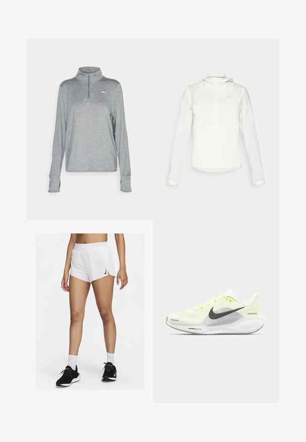 Chaqueta blanca de Nike con capucha, cremallera completa, puños elásticos y un logo sutil en el pecho. Textura suave y diseño ligero.; Nike Performance SWIFT - Camiseta de manga larga - smoke grey; Pantalones cortos deportivos blancos con cinturilla acanalada, aberturas laterales y un logo negro de Nike. Se llevan con zapatillas negras y calcetines blancos hasta la mitad de la pantorrilla.; Zapatillas de correr Nike con una parte superior de malla en amarillo claro y blanco, detalles en gris y una suela de goma flexible. Cuenta con un cierre de cordones.