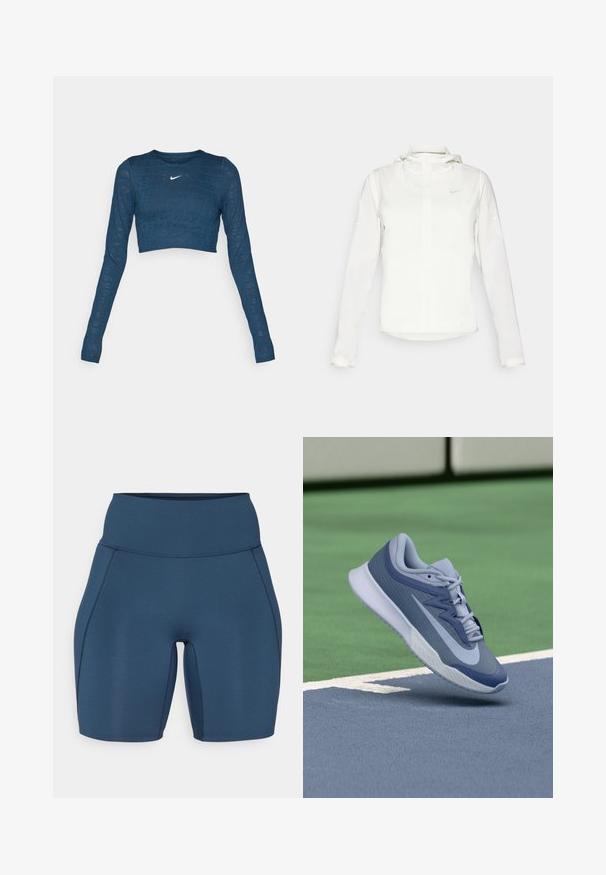 Weiße Nike-Jacke mit Kapuze, durchgehendem Reißverschluss, elastischen Bündchen und einem dezenten Logo auf der Brust. Glatte Textur und leichtes Design.; Blaues, langärmeliges Cropped-Top mit rundem Halsausschnitt, das ein tonal Nike-Logo und ein sich wiederholendes Textmuster in leichter Reliefoptik zeigt.; Dunkelblaue Sportshorts mit hohem Bund, glatter Textur und flachen Nähten. Sie verfügen über ein tailliertes Design, das bis zur Mitte des Oberschenkels reicht.; Sportliche Sneaker in Hellblau und Marineblau, mit einer strukturierten Oberseite, flachen Schnürsenkeln und einer leichten weißen Sohle. Über einem Spielboden erhoben.