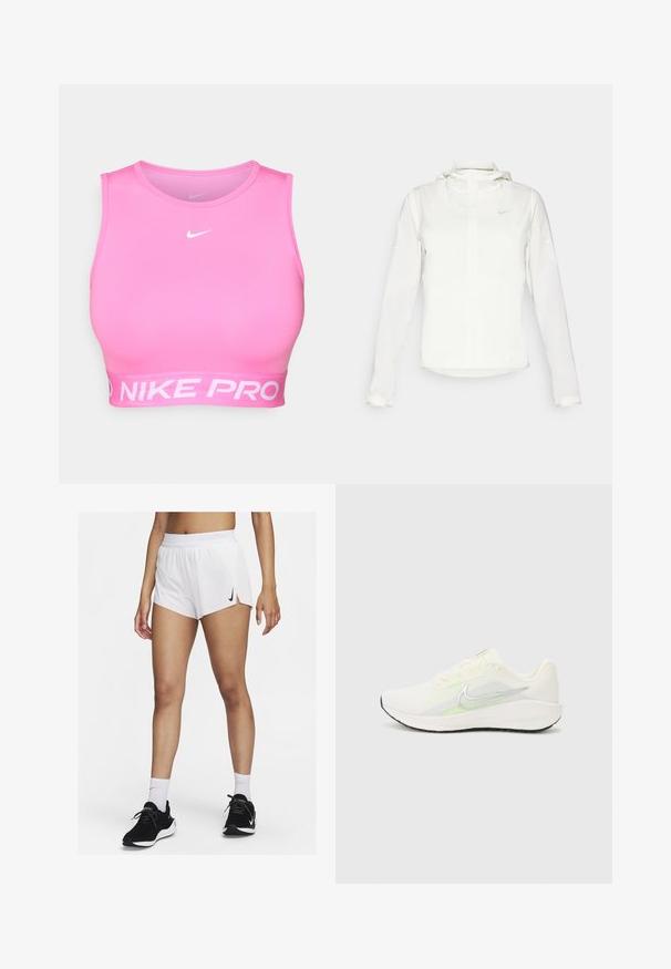 Witte Nike-jack met een capuchon, volledige rits, elastische manchetten en een subtiele logo op de borst. Gladde textuur en lichtgewicht ontwerp.; Nike Pro sportbeha in felroze, met een aansluitend ontwerp, ronde halslijn en brede witte elastische band met logo aan de onderkant.; Witte sportshorts met een geribbelde tailleband, zijsplitten en een zwarte Nike-logo. Draag ze met zwarte sneakers en witte kousen tot aan de kuit.; Nike Performance DOWNSHIFTER 13 - Hardloopschoenen voor op de weg - sail/silver-coloured photon dust/summit white/barely volt/black